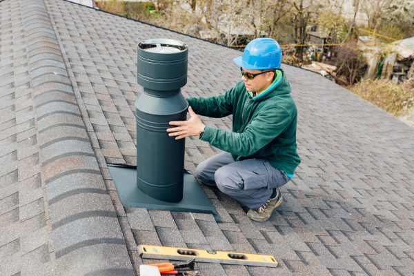 worker with blue helmet on the roof installing iron chimney. roofing Construction and Building New iron House with Modular Chimney.